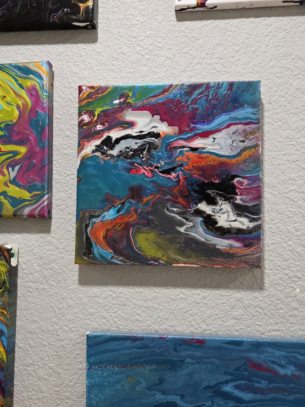 Colorful Abstract Fluid Canvas Art in Teal, Pink, Black and White